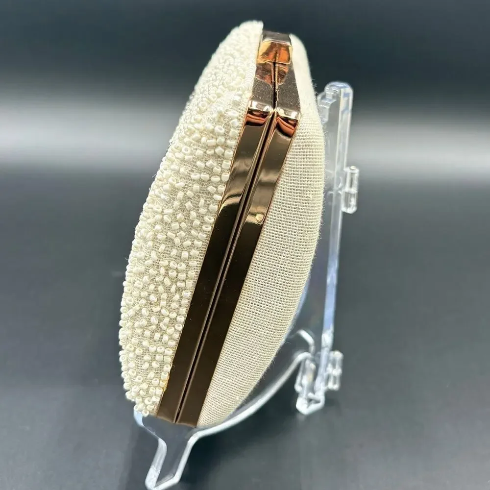 Beaded 'Mrs' Clutch in Ivory with Silver Script